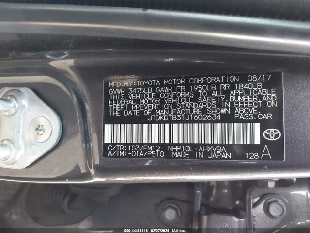 JTDKDTB31J1602634 Toyota Prius C Two