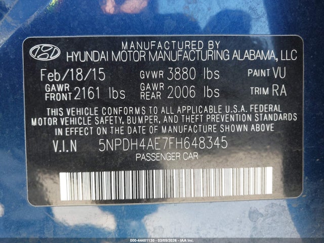 5NPDH4AE7FH648345 Hyundai ELANTRA SE