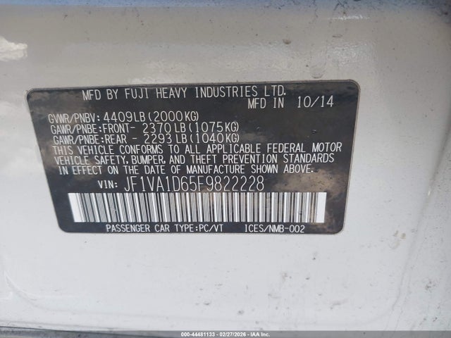 44481133 :رقم المزاد ، JF1VA1D65F9822228 vin ، 2015 Subaru Wrx Premium مزاد بيع
