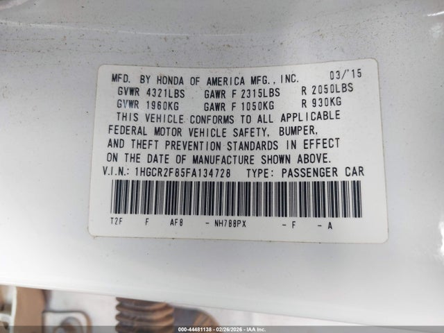 Aukcja sprzedaży 2015 Honda Accord Ex-l, vin: 1HGCR2F85FA134728, numer aukcji: 44481138