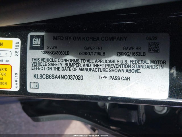 Продажа на аукционе авто 2022 Chevrolet Spark Fwd Ls Automatic, vin: KL8CB6SA4NC037020, номер лота: 44481144
