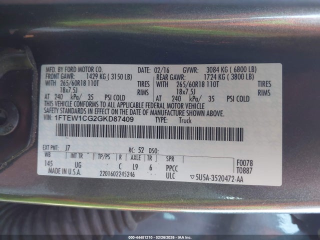 Aukcja sprzedaży 2016 Ford F-150 Xlt, vin: 1FTEW1CG2GKD87409, numer aukcji: 44481210