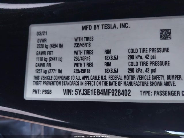 2021 TESLA MODEL 3 5YJ3E1EB4MF928402 Photo 8