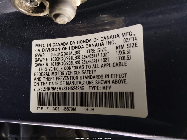 2HKRM3H78EH524246 Honda Cr-v Ex-l