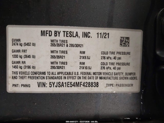 2021 TESLA MODEL S 5YJSA1E54MF428838 Photo 8