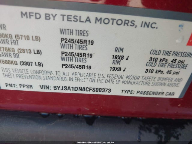 2012 TESLA MODEL S 5YJSA1DN8CFS00373 Photo 8
