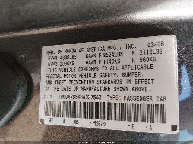 2008 Acura Tl Type S მანქანა იყიდება აუქციონზე, vin: 19UUA765X8A037543, აუქციონის ნომერი: 44481380