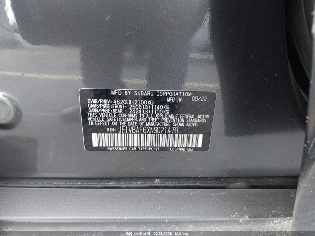 Aukcja sprzedaży 2022 Subaru Wrx Premium, vin: JF1VBAF6XN9021478, numer aukcji: 44481415
