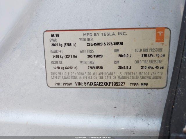 2019 Tesla Model X 100d/75d/long Range მანქანა იყიდება აუქციონზე, vin: 5YJXCAE2XKF195227, აუქციონის ნომერი: 44481437