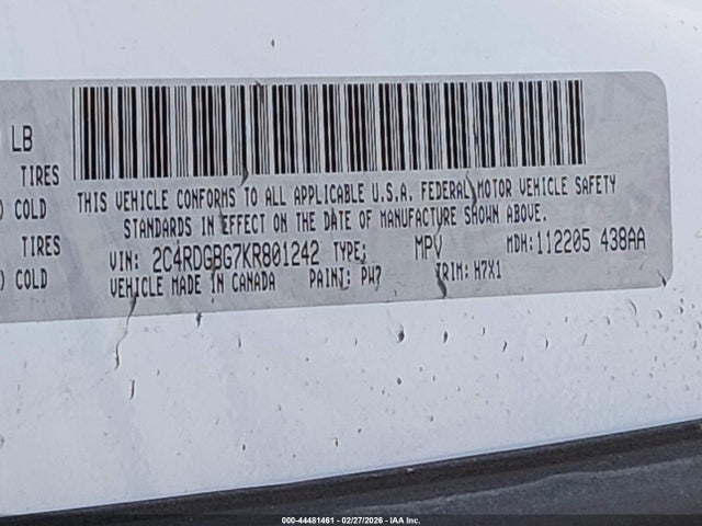 44481461 :رقم المزاد ، 2C4RDGBG7KR801242 vin ، 2019 Dodge Grand Caravan Se مزاد بيع