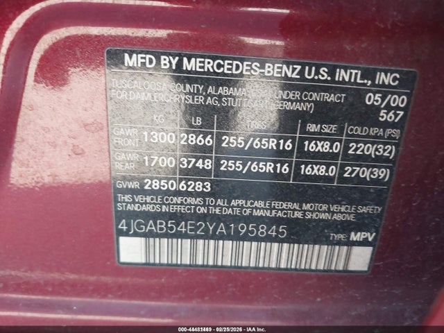 Продаж на аукціоні авто 2000 Mercedes-benz Ml 320, vin: 4JGAB54E2YA195845, номер лоту: 44481469