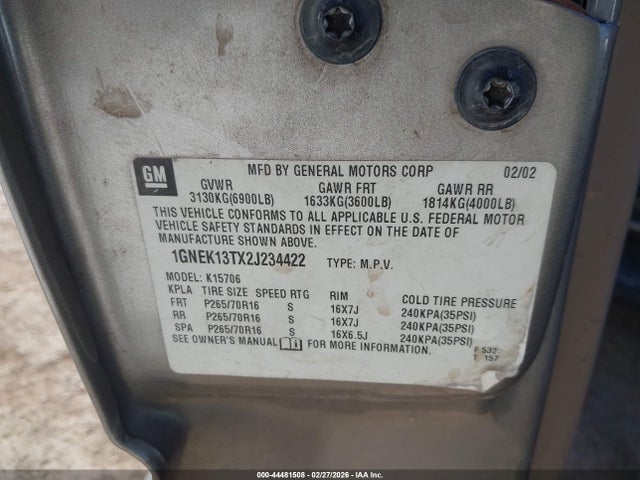 44481508 :رقم المزاد ، 1GNEK13TX2J234422 vin ، 2002 Chevrolet Tahoe Lt مزاد بيع