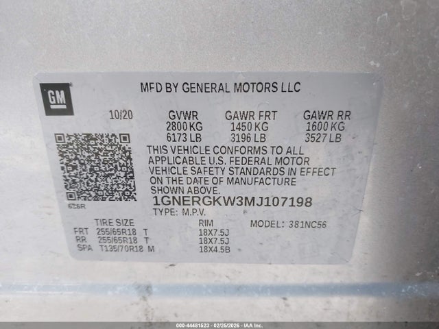 Aukcja sprzedaży 2021 Chevrolet Traverse Fwd Lt Cloth, vin: 1GNERGKW3MJ107198, numer aukcji: 44481523