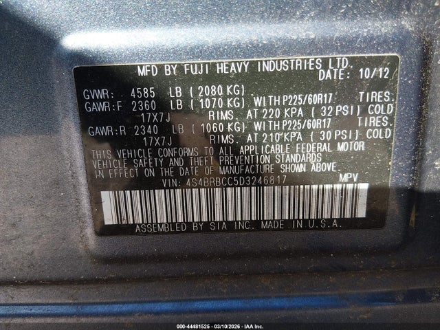 44481525 :رقم المزاد ، 4S4BRBCC5D3246817 vin ، 2013 Subaru Outback 2.5i Premium مزاد بيع