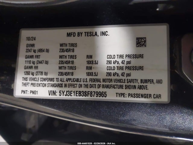 Продажа на аукционе авто 2025 Tesla Model 3 Long Range All-wheel Drive, vin: 5YJ3E1EB3SF879965, номер лота: 44481528