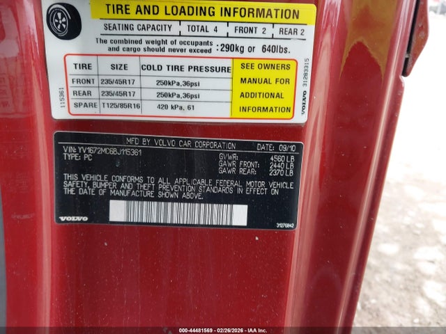 2011 Volvo C70 T5 მანქანა იყიდება აუქციონზე, vin: YV1672MC6BJ115361, აუქციონის ნომერი: 44481569