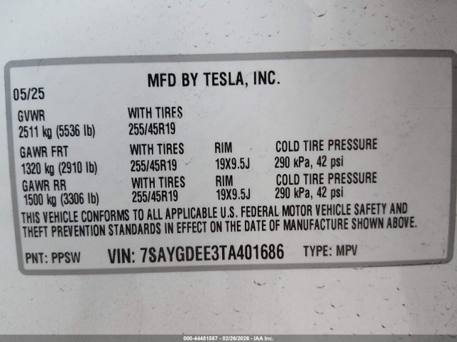 Продажа на аукционе авто 2026 Tesla Model Y, vin: 7SAYGDEE3TA401686, номер лота: 44481587