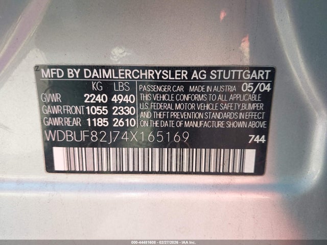 44481608 :رقم المزاد ، WDBUF82J74X165169 vin ، 2004 Mercedes-benz E 320 4matic مزاد بيع