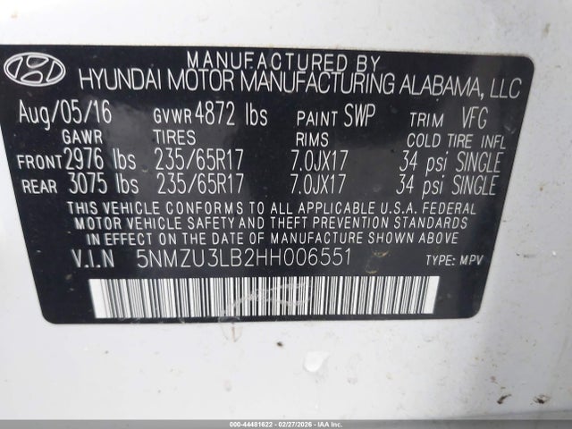 Aukcja sprzedaży 2017 Hyundai Santa Fe Sport 2.4l, vin: 5NMZU3LB2HH006551, numer aukcji: 44481622
