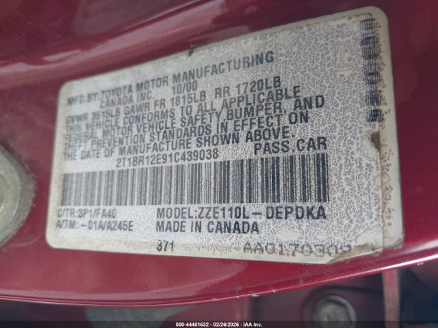 2001 TOYOTA COROLLA 2T1BR12E91C439038 Photo 8