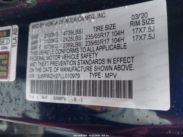 Продаж на аукціоні авто 2020 Honda Cr-v Awd Lx, vin: 5J6RW2H27LL010979, номер лоту: 44481634