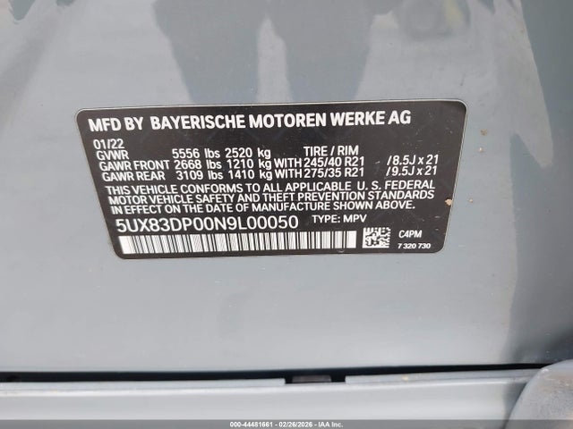 44481661 :رقم المزاد ، 5UX83DP00N9L00050 vin ، 2022 Bmw X3 M40i مزاد بيع