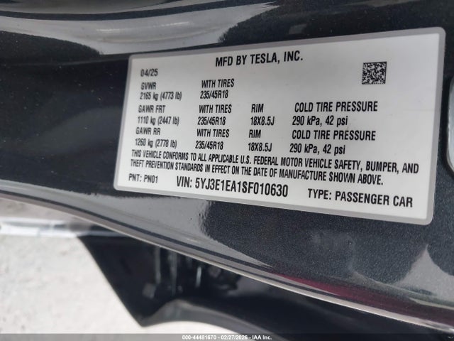 2025 Tesla Model 3 Long Range Rear-wheel Drive/standard Rear-wheel Drive მანქანა იყიდება აუქციონზე, vin: 5YJ3E1EA1SF010630, აუქციონის ნომერი: 44481670