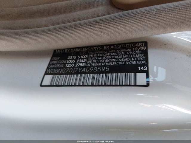 44481677 :رقم المزاد ، WDBNG70J7YA098595 vin ، 2000 Mercedes-benz S 430 مزاد بيع