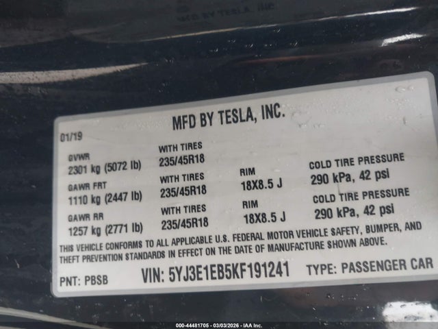 2019 TESLA MODEL 3 5YJ3E1EB5KF191241 Photo 8