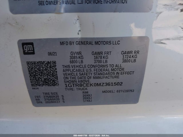 Продаж на аукціоні авто 2021 Gmc Sierra 1500 2wd  Standard Box Elevation, vin: 1GTR8CEK0MZ361502, номер лоту: 44481758