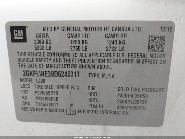 2013 Gmc Terrain Slt-2 მანქანა იყიდება აუქციონზე, vin: 2GKFLWE39D6240317, აუქციონის ნომერი: 44481787