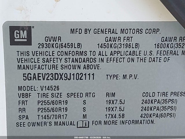 44481799 :رقم المزاد ، 5GAEV23DX9J102111 vin ، 2009 Buick Enclave Cxl مزاد بيع
