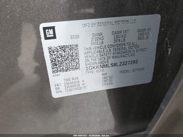 44481821 :رقم المزاد ، 1GKKNMLS8LZ227293 vin ، 2020 Gmc Acadia Fwd Slt مزاد بيع