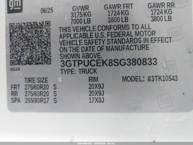 44481822 :رقم المزاد ، 3GTPUCEK8SG380833 vin ، 2025 Gmc Sierra 1500 4wd  Short Box Elevation With 3sb مزاد بيع
