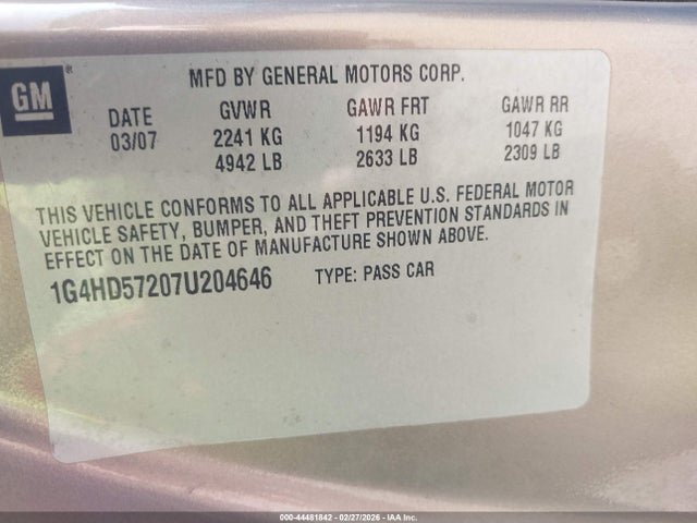 44481842 :رقم المزاد ، 1G4HD57207U204646 vin ، 2007 Buick Lucerne Cxl مزاد بيع