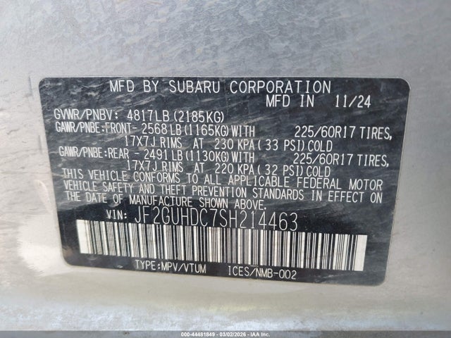 2025 Subaru Crosstrek Premium მანქანა იყიდება აუქციონზე, vin: JF2GUHDC7SH214463, აუქციონის ნომერი: 44481849