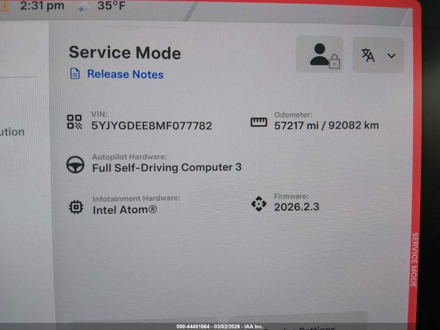 44481864 :رقم المزاد ، 5YJYGDEE8MF077782 vin ، 2021 Tesla Model Y Long Range Dual Motor All-wheel Drive مزاد بيع