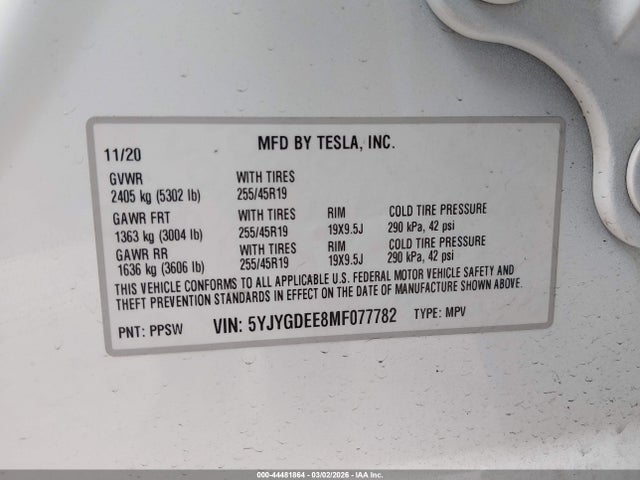 2021 TESLA MODEL Y 5YJYGDEE8MF077782 Photo 8