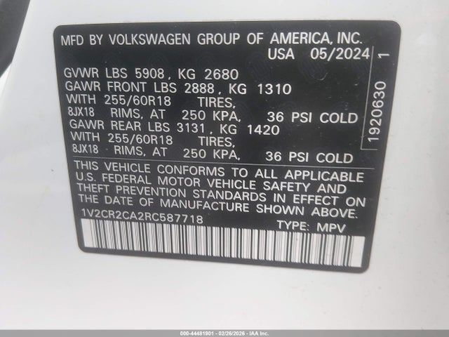 Продаж на аукціоні авто 2024 Volkswagen Atlas 2.0t Peak Edition Se W/technology, vin: 1V2CR2CA2RC587718, номер лоту: 44481901
