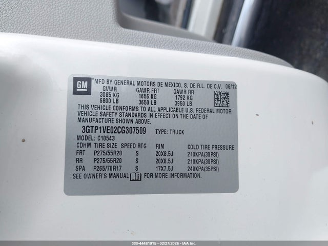 44481915 :رقم المزاد ، 3GTP1VE02CG307509 vin ، 2012 Gmc Sierra 1500 Sle مزاد بيع