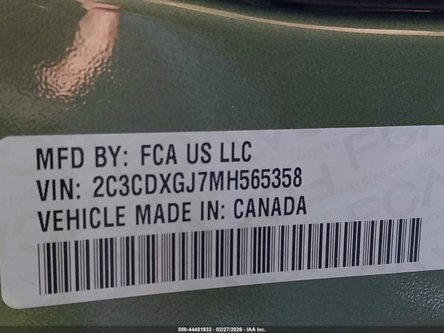 44481932 :رقم المزاد ، 2C3CDXGJ7MH565358 vin ، 2021 Dodge Charger Scat Pack Rwd مزاد بيع