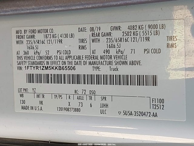 44481955 :رقم المزاد ، 1FTYR1ZM5KKB65506 vin ، 2019 Ford Transit-250 مزاد بيع
