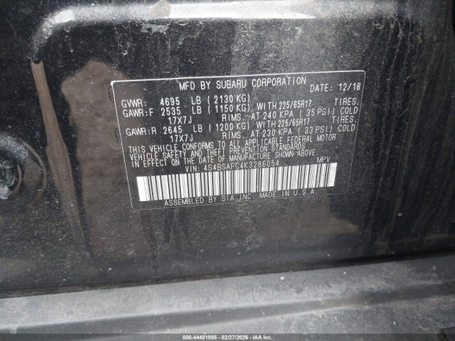 44481995 :رقم المزاد ، 4S4BSAFC4K3286054 vin ، 2019 Subaru Outback 2.5i Premium مزاد بيع