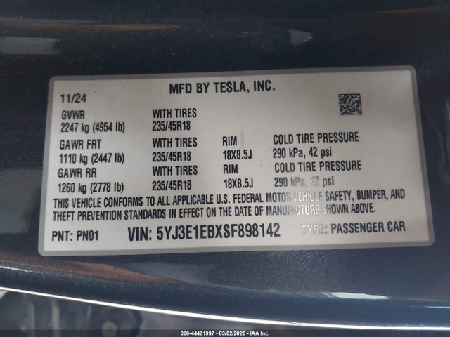 2025 Tesla Model 3 Long Range All-wheel Drive მანქანა იყიდება აუქციონზე, vin: 5YJ3E1EBXSF898142, აუქციონის ნომერი: 44481997