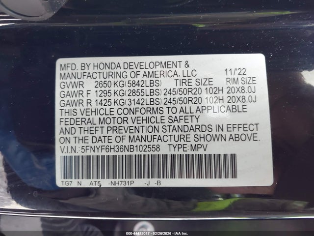 2022 HONDA PILOT 5FNYF6H36NB102558 Photo 8