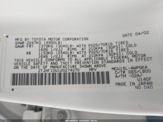 Aukcja sprzedaży 2002 Lexus Rx 300, vin: JTJHF10U120274270, numer aukcji: 44482019
