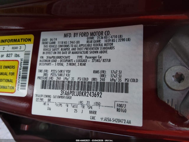 Ford Fusion Hybrid Se 2019 3FA6P0LU0KR243692 Image 9