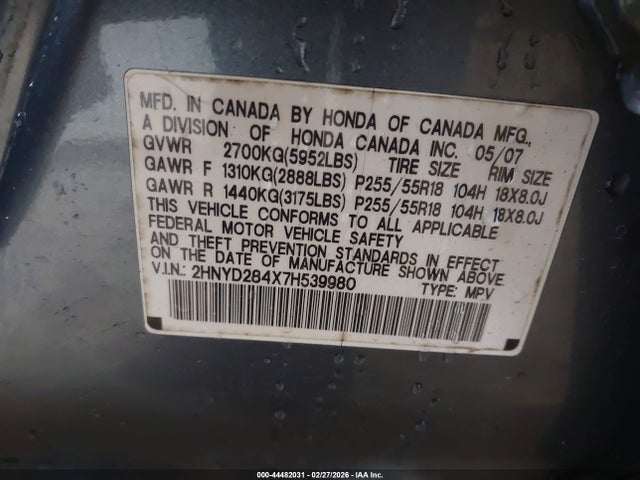 44482031 :رقم المزاد ، 2HNYD284X7H539980 vin ، 2007 Acura Mdx Technology Package مزاد بيع