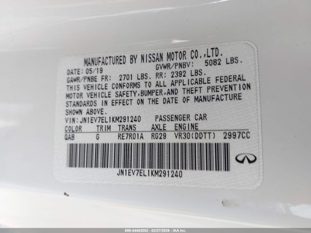 44482052 :رقم المزاد ، JN1EV7EL1KM291240 vin ، 2019 Infiniti Q60 3.0t Luxe مزاد بيع
