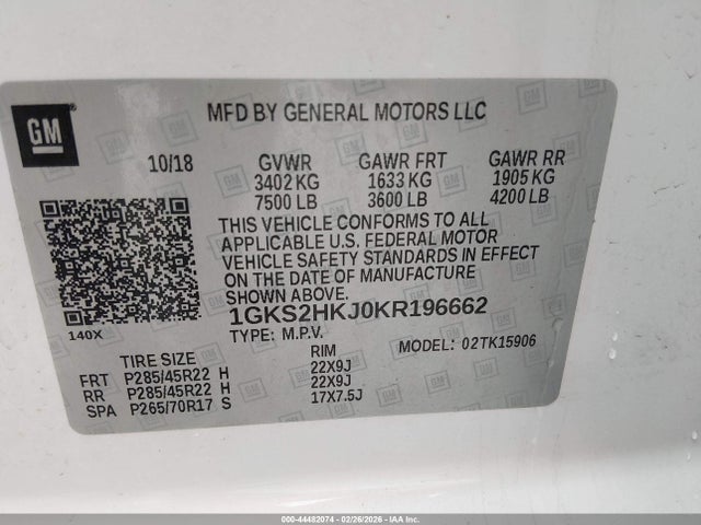 44482074 :رقم المزاد ، 1GKS2HKJ0KR196662 vin ، 2019 Gmc Yukon Xl Denali مزاد بيع